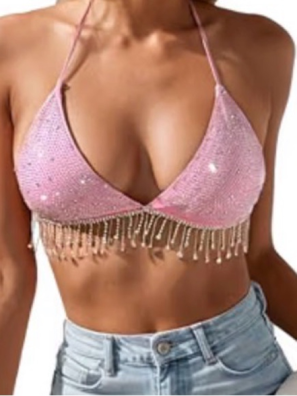 Pink Rhinestone Fringe Bra Top with